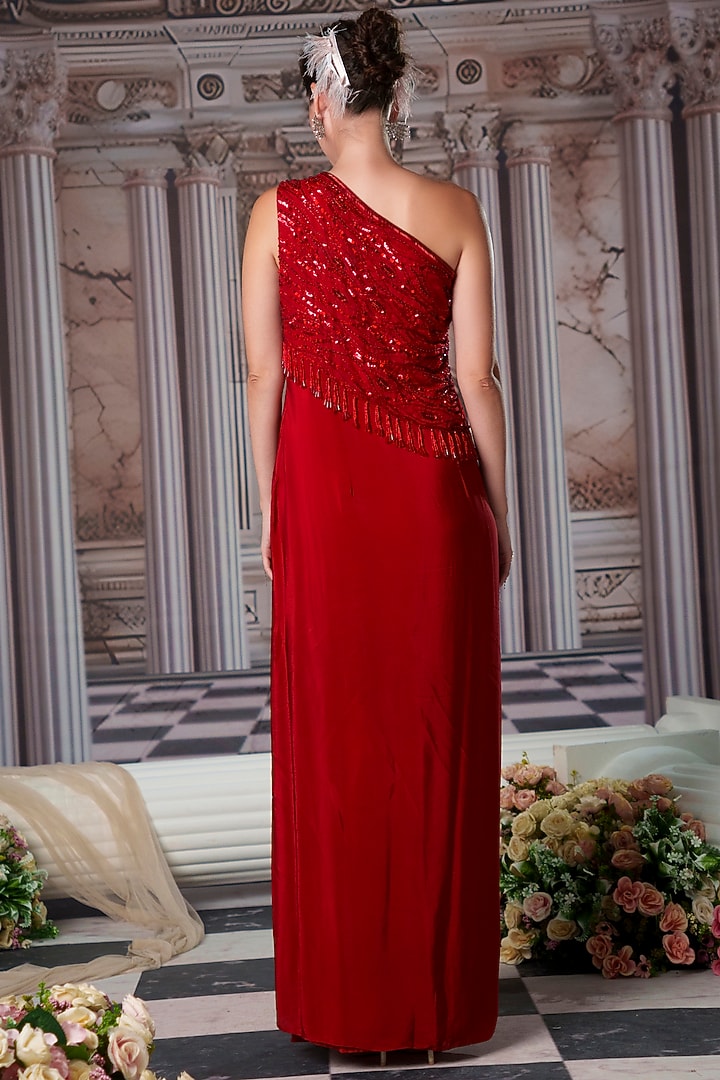 Red Crepe Embroidered One-Shoulder Draped Party Wear Gown by Nidhika Shekhar at Pernia's Pop Up Shop