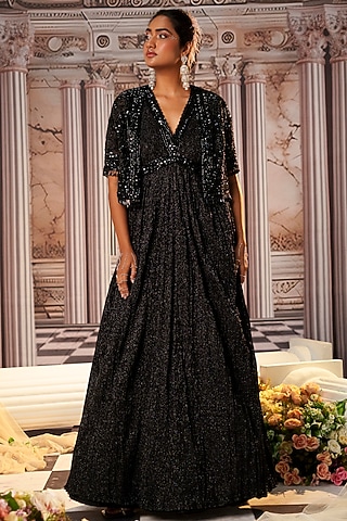 Black Crinkle Fabric Embroidered Anarkali With Cape by Nidhika Shekhar