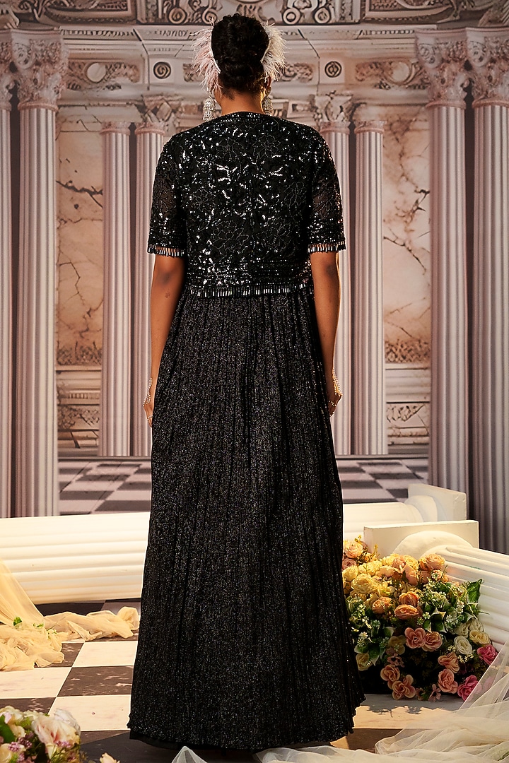 Black Crinkle Fabric Embroidered Wedding Anarkali With Cape by Nidhika Shekhar at Pernia's Pop Up Shop