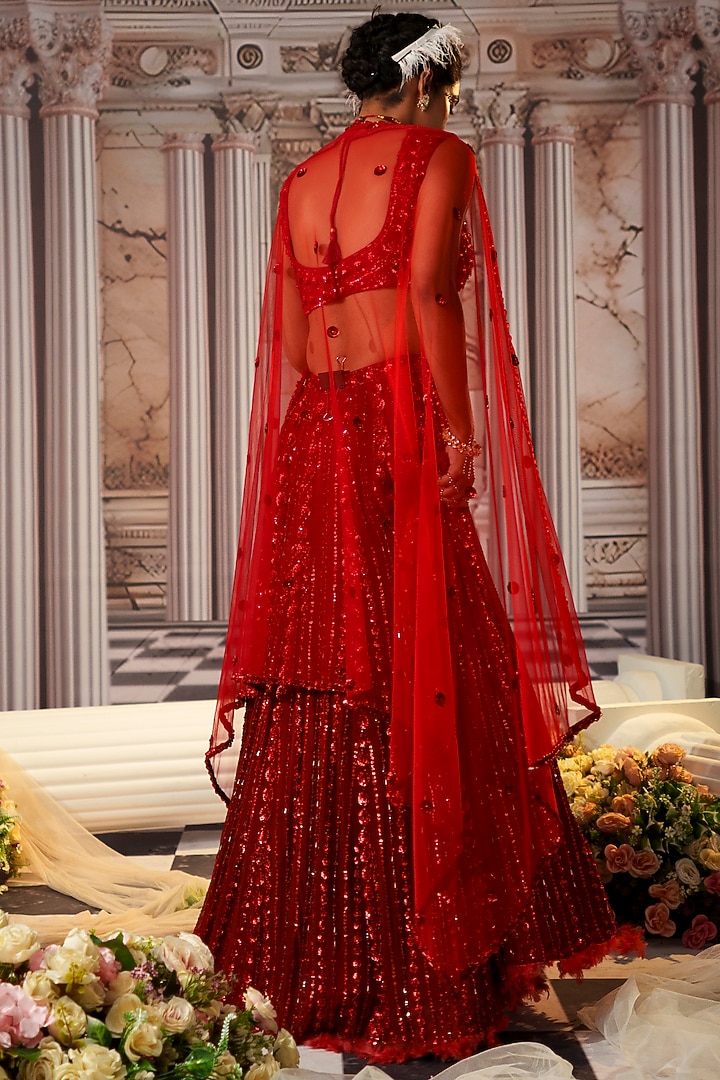 Red Georgette Sequins Embroidered Wedding Lehenga Set by Nidhika Shekhar at Pernia's Pop Up Shop