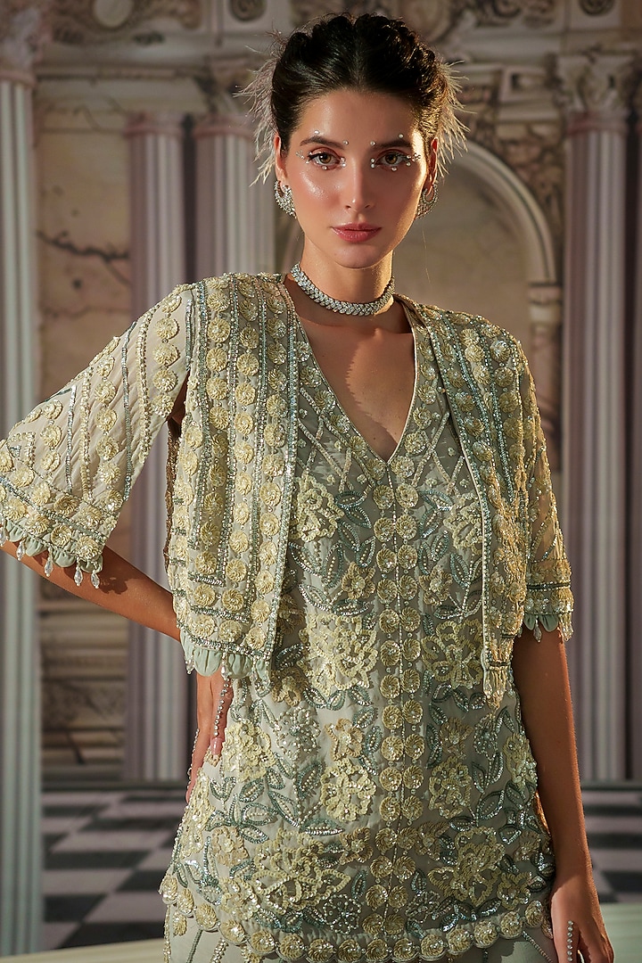 Grey Satin Floral Embroidered Co-Ord Set by Nidhika Shekhar at Pernia's Pop Up Shop
