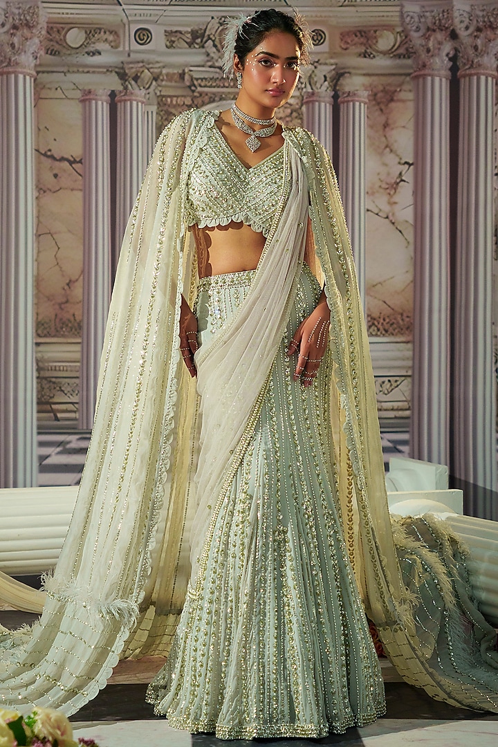 Grey Georgette Sequins Embroidered Cape Wedding Lehenga Set by Nidhika Shekhar at Pernia's Pop Up Shop