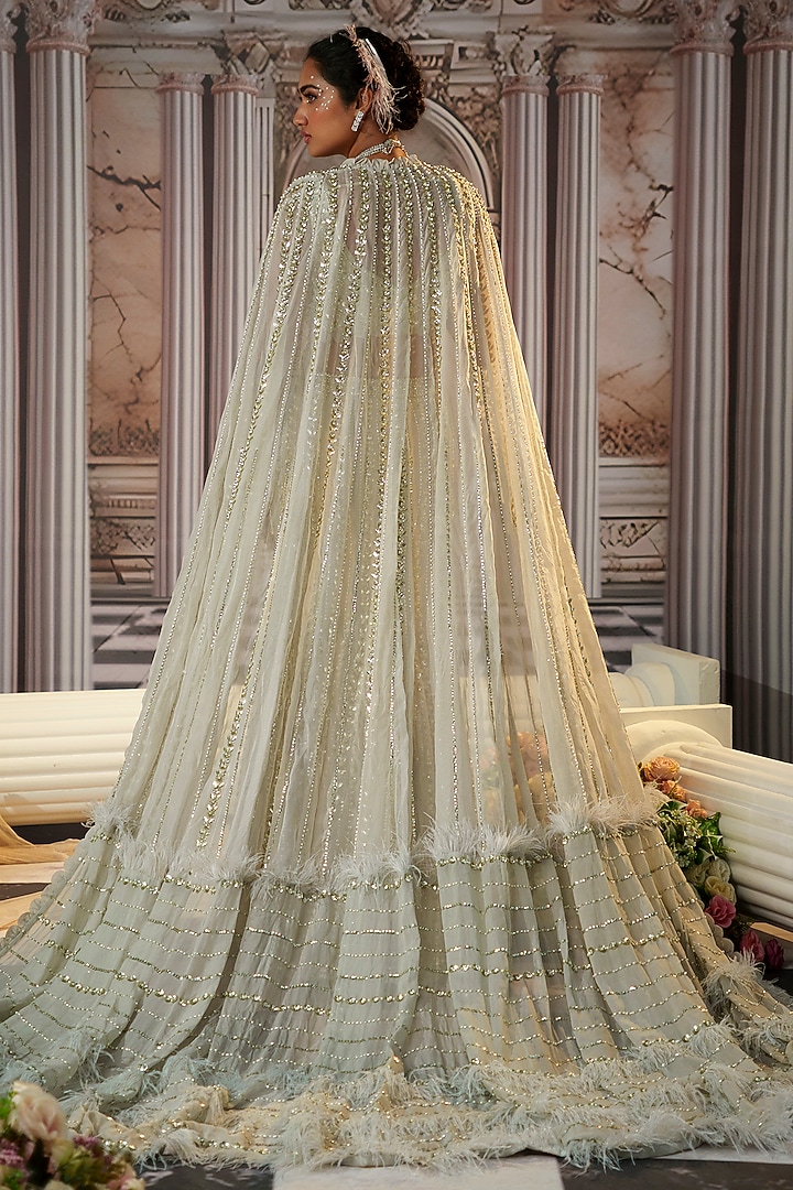 Grey Georgette Sequins Embroidered Cape Wedding Lehenga Set by Nidhika Shekhar at Pernia's Pop Up Shop