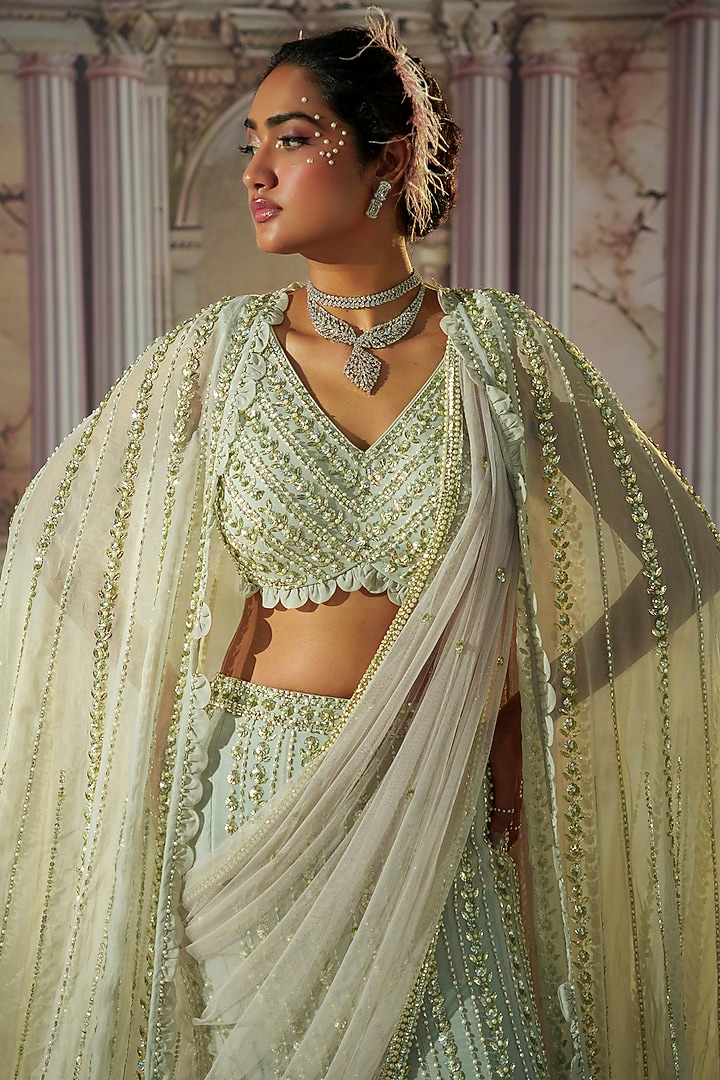 Grey Georgette Sequins Embroidered Cape Wedding Lehenga Set by Nidhika Shekhar at Pernia's Pop Up Shop