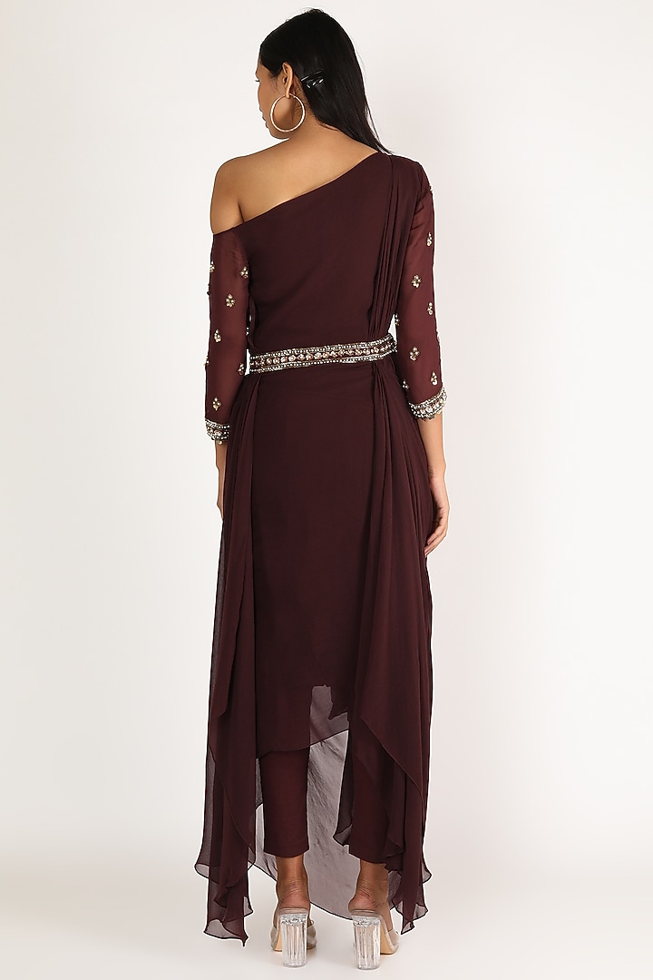 Maroon Embroidered Draped Kurta Set by Nidhika Shekhar at Pernia's Pop Up Shop