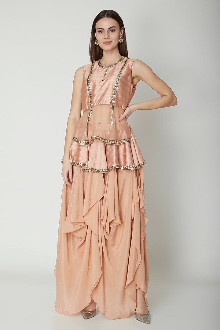 Blush Pink Embroidered Peplum Top With Skirt by Nidhika Shekhar at Pernia's Pop Up Shop