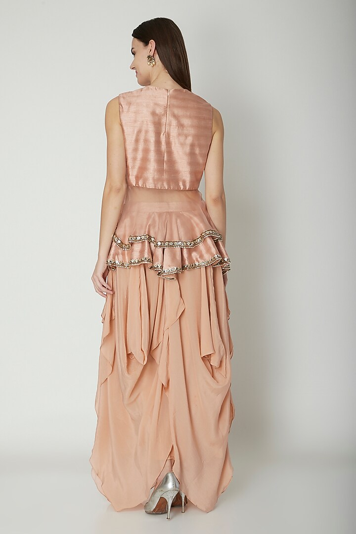Blush Pink Embroidered Peplum Top With Skirt by Nidhika Shekhar at Pernia's Pop Up Shop