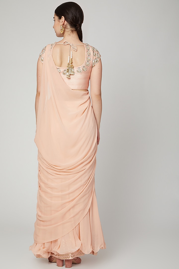 Peach Embroidered Pre-Stitched Party Wear Saree Set by Nidhika Shekhar at Pernia's Pop Up Shop