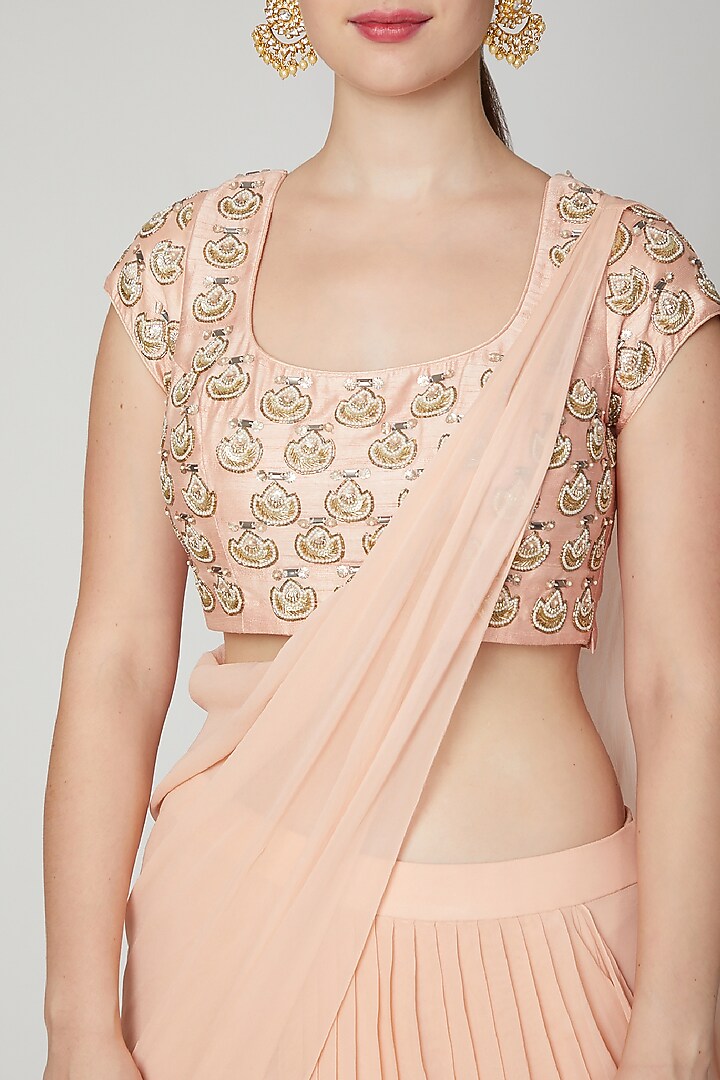 Peach Embroidered Pre-Stitched Party Wear Saree Set by Nidhika Shekhar at Pernia's Pop Up Shop