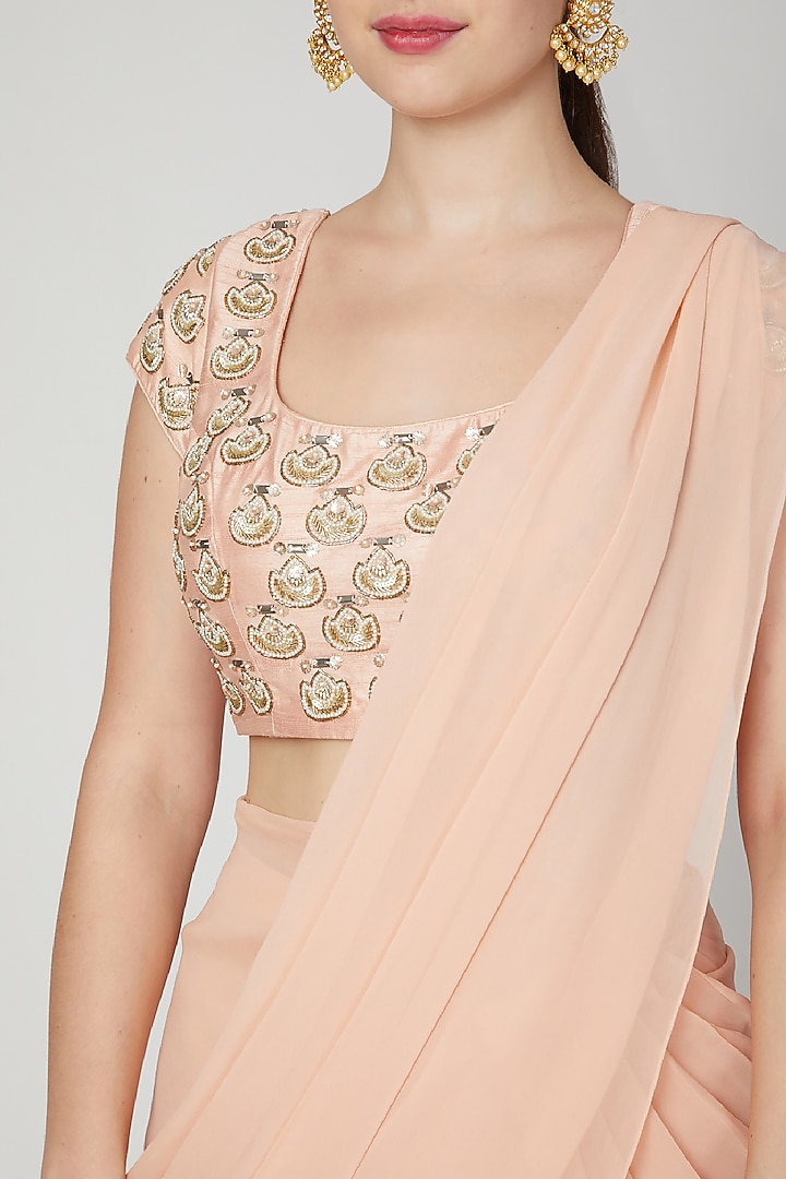 Peach Embroidered Pre-Stitched Party Wear Saree Set by Nidhika Shekhar at Pernia's Pop Up Shop