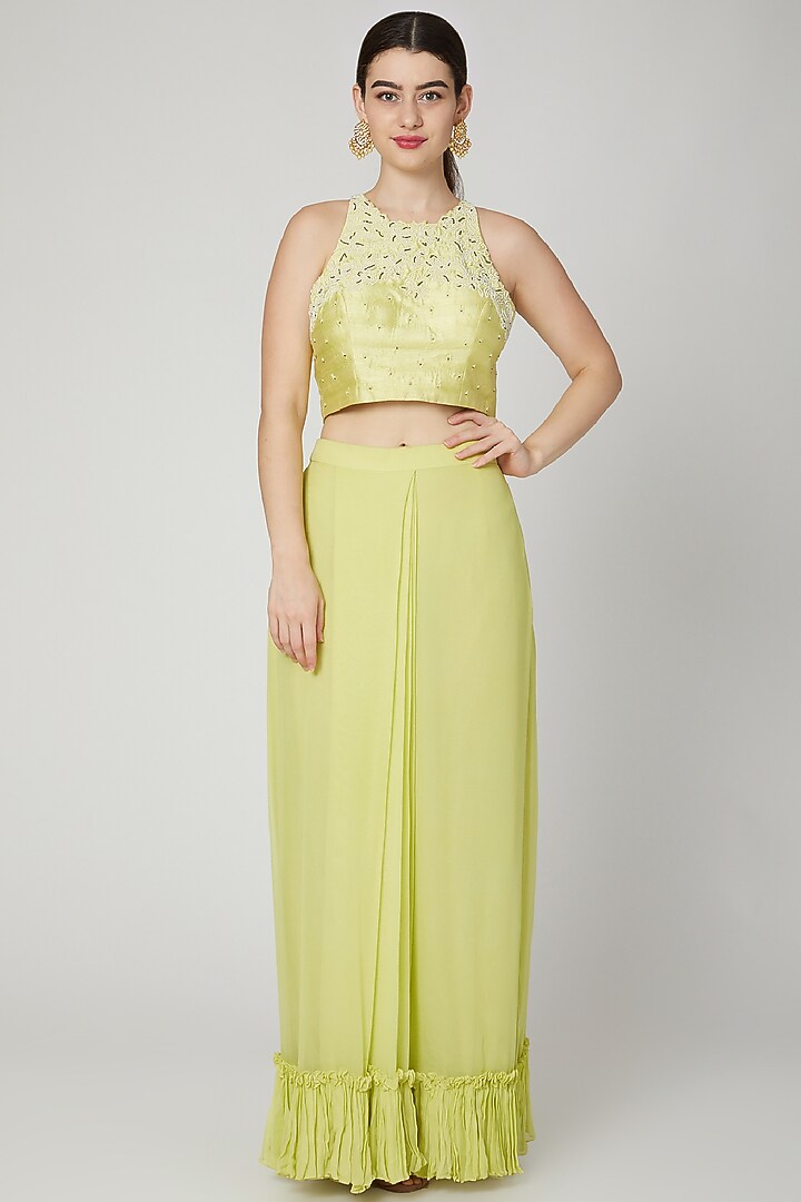 Yellow Pleated Party Wear Saree Set by Nidhika Shekhar at Pernia's Pop Up Shop