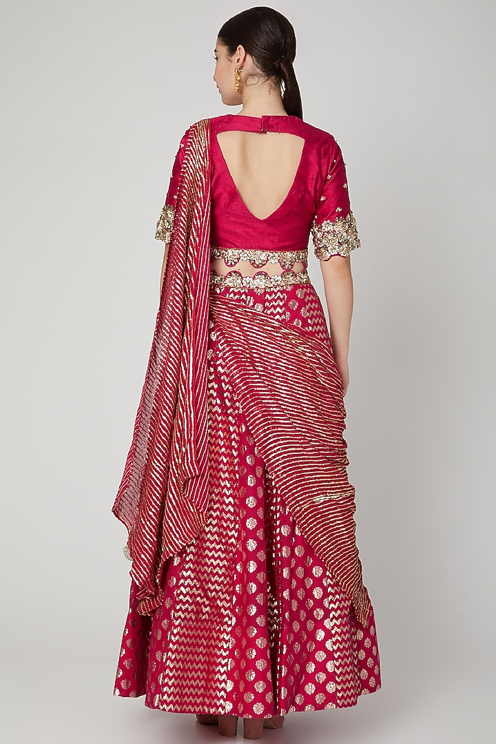 Fuchsia Chanderi Floral Sequins Embroidered Draped Wedding Lehenga Set by Nidhika Shekhar at Pernia's Pop Up Shop
