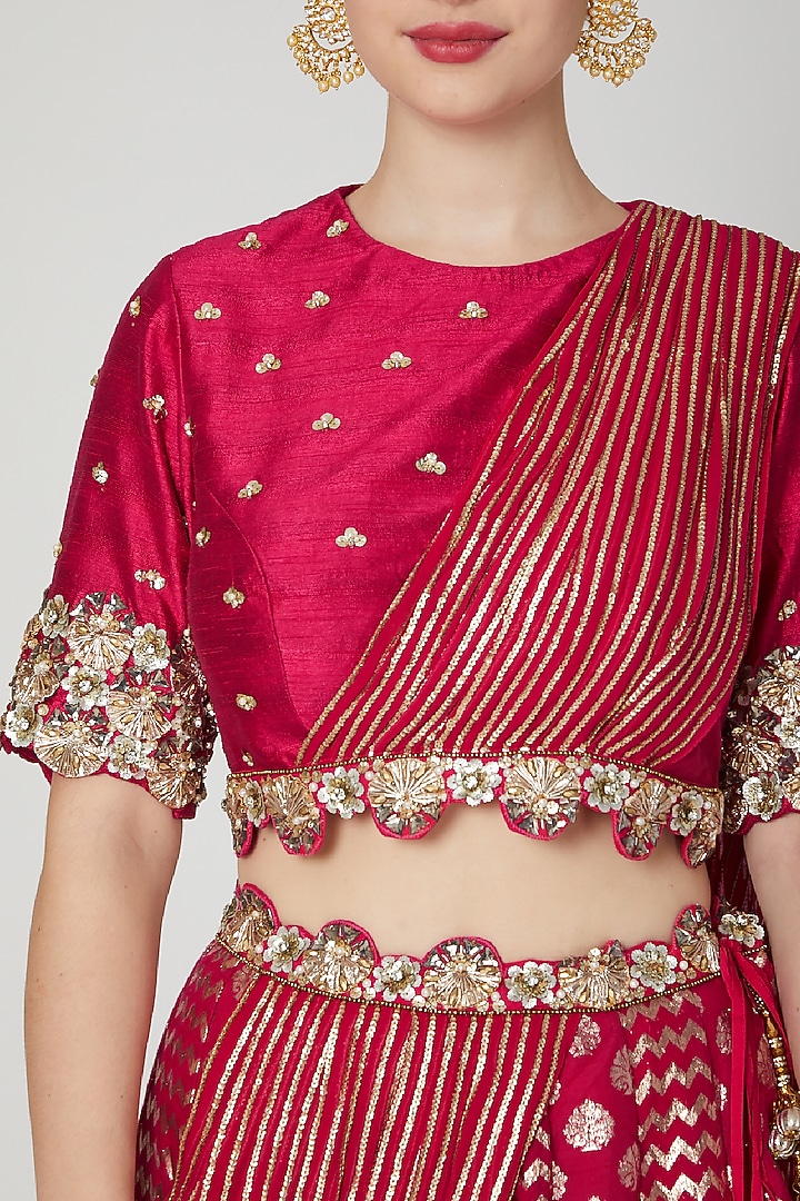 Fuchsia Chanderi Floral Sequins Embroidered Draped Wedding Lehenga Set by Nidhika Shekhar at Pernia's Pop Up Shop