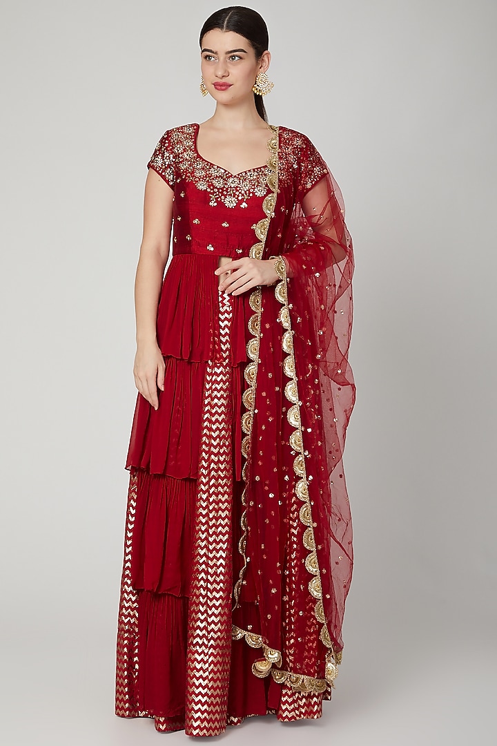 Red Floral Embroidered Lehenga Set by Nidhika Shekhar