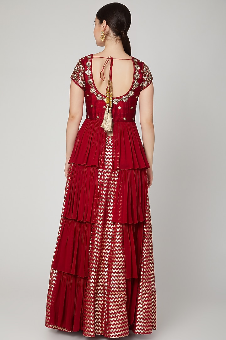Red Chanderi Floral Sequin Embroidered Wedding Lehenga Set by Nidhika Shekhar at Pernia's Pop Up Shop