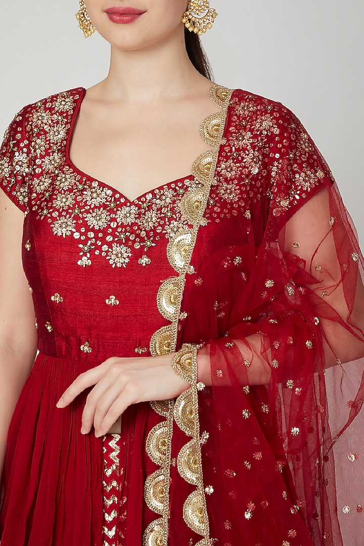 Red Chanderi Floral Sequin Embroidered Wedding Lehenga Set by Nidhika Shekhar at Pernia's Pop Up Shop