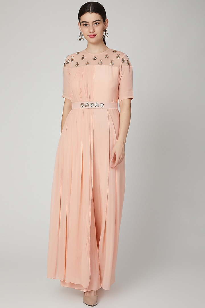 Peach Embroidered Jumpsuit With Attached Drape by Nidhika Shekhar