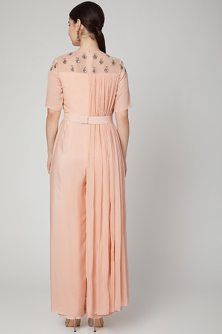 Peach Embroidered Jumpsuit With Attached Drape by Nidhika Shekhar at Pernia's Pop Up Shop