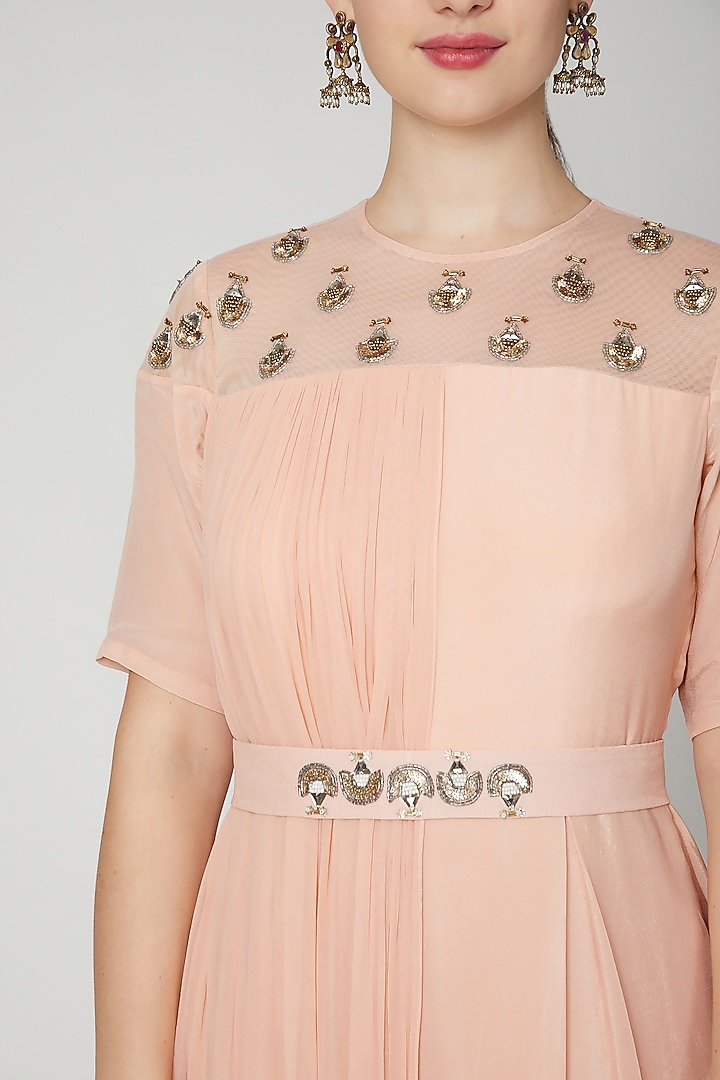 Peach Embroidered Jumpsuit With Attached Drape by Nidhika Shekhar at Pernia's Pop Up Shop