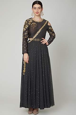 Dark Grey Embroidered Angrakha Kurta Set by Nidhika Shekhar