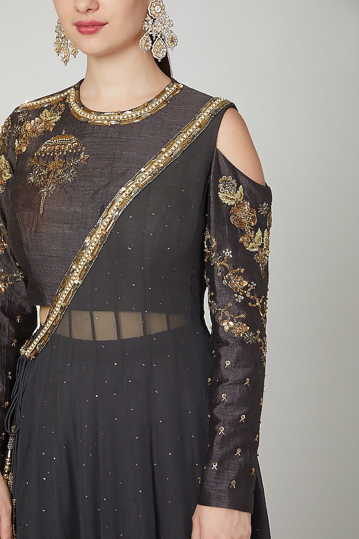 Dark Grey Embroidered Angrakha Kurta Set by Nidhika Shekhar at Pernia's Pop Up Shop