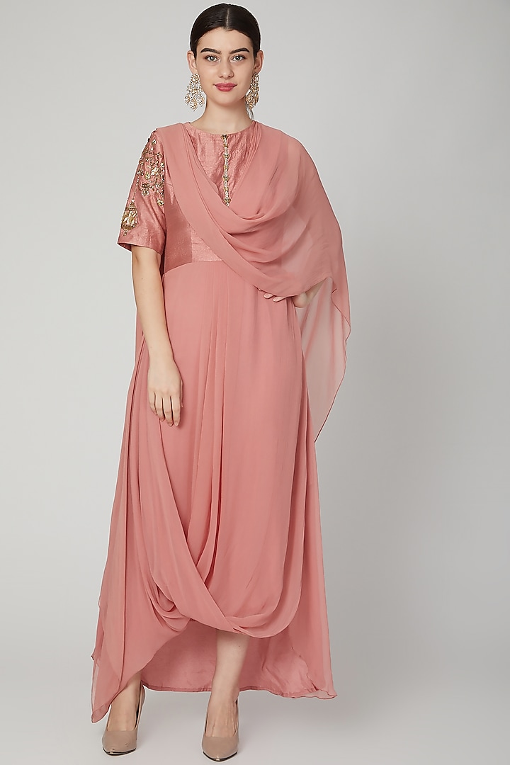Blush Pink Embroidered Draped Dress by Nidhika Shekhar