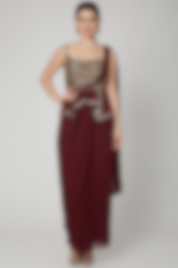 Maroon Embroidered Saree Gown by Nidhika Shekhar
