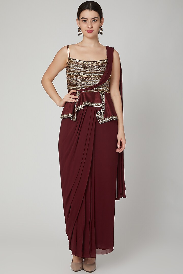 Maroon Embroidered Saree Gown by Nidhika Shekhar