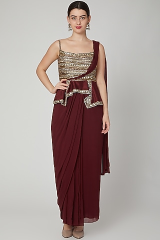Maroon Embroidered Saree Gown by Nidhika Shekhar