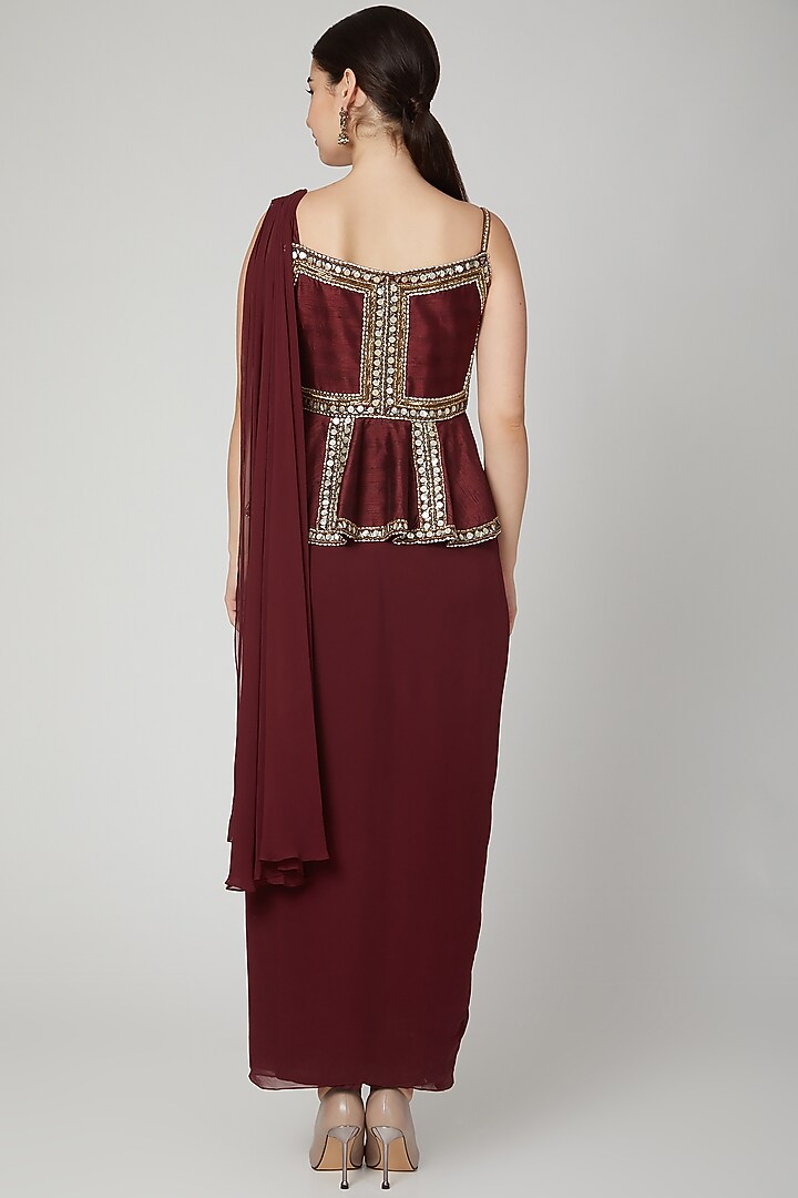 Maroon Embroidered Wedding Saree Gown by Nidhika Shekhar at Pernia's Pop Up Shop