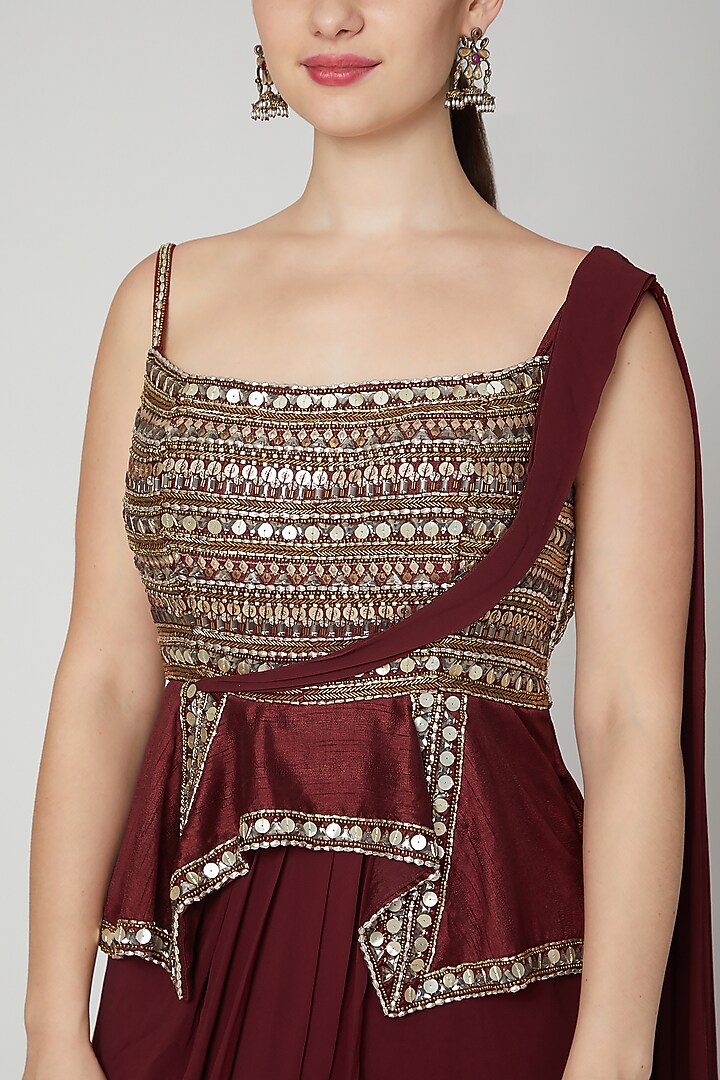Maroon Embroidered Wedding Saree Gown by Nidhika Shekhar at Pernia's Pop Up Shop