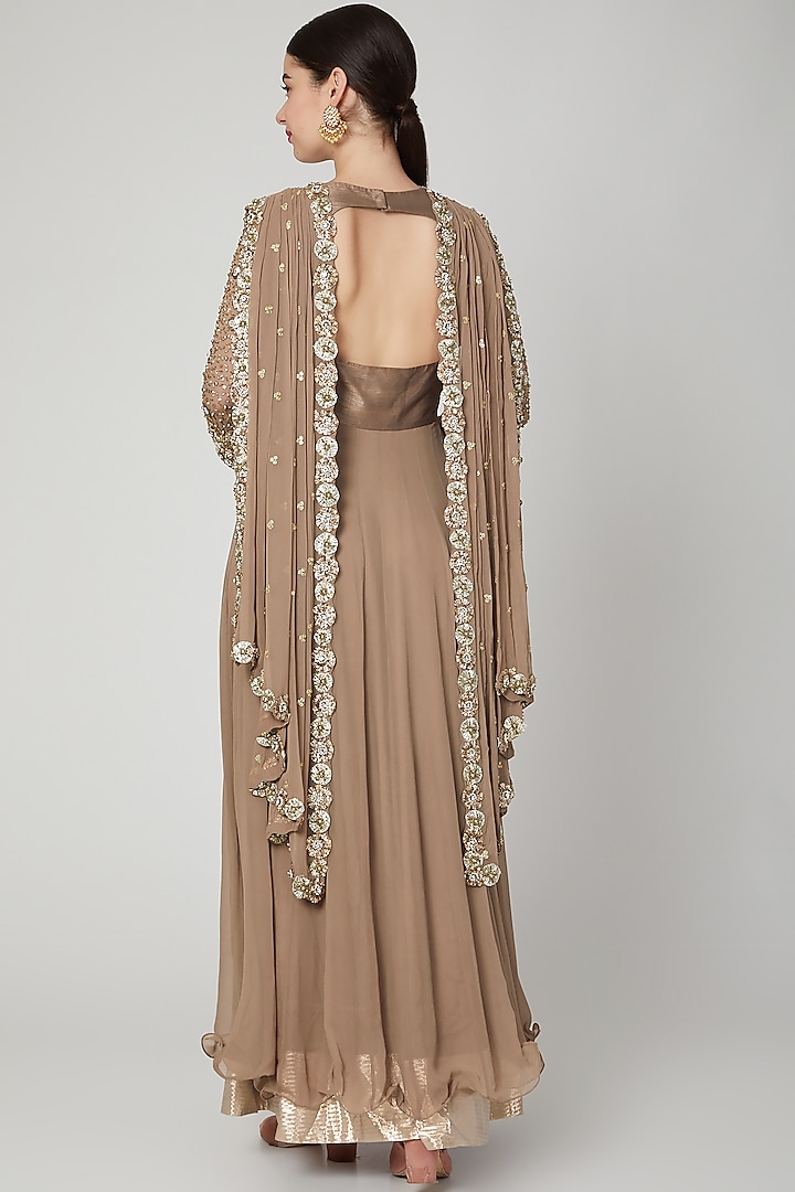 Nude Embroidered Draped Wedding Anarkali by Nidhika Shekhar at Pernia's Pop Up Shop