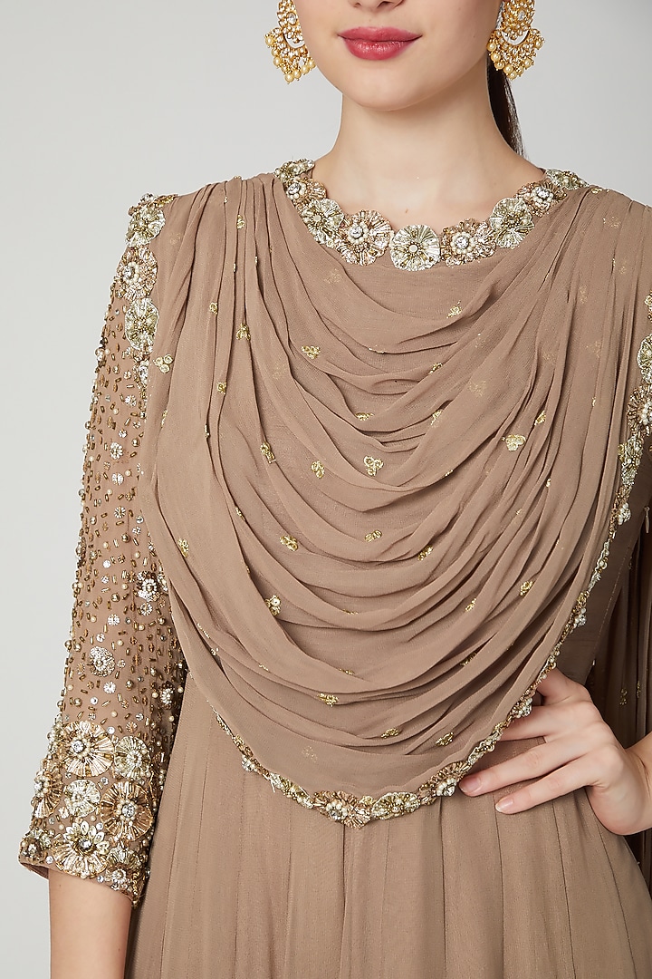Nude Embroidered Draped Wedding Anarkali by Nidhika Shekhar at Pernia's Pop Up Shop