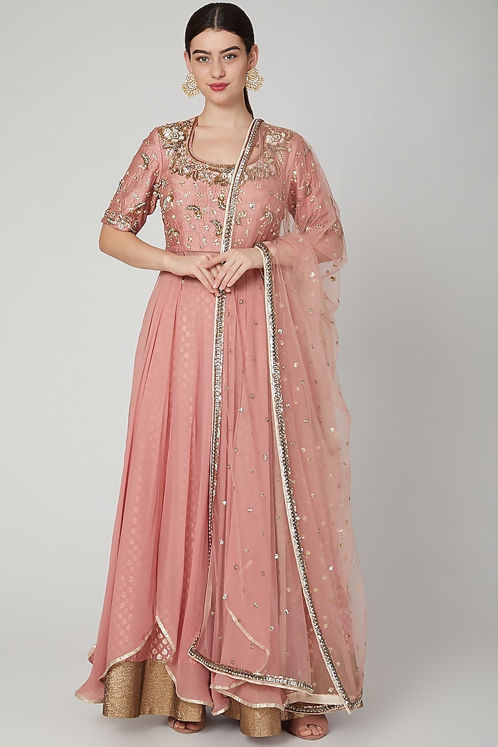 Blush Pink Embroidered Draped Lehenga Set by Nidhika Shekhar