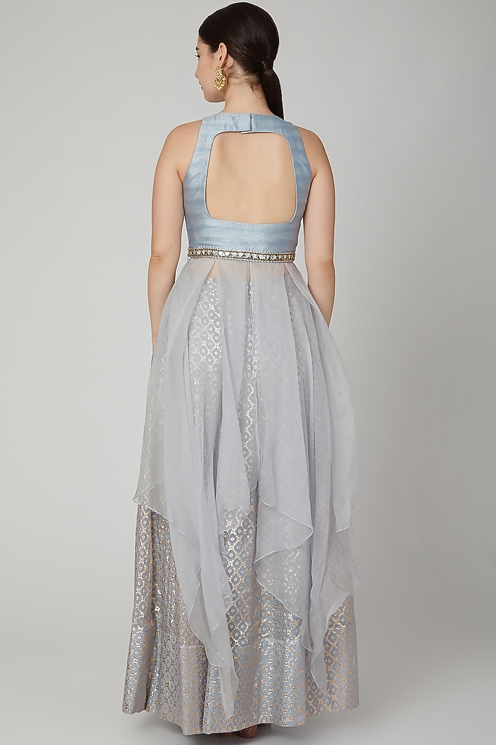 Sky Blue Organza & Chanderi Floral Sequins Embroidered Draped Wedding Lehenga Set by Nidhika Shekhar at Pernia's Pop Up Shop