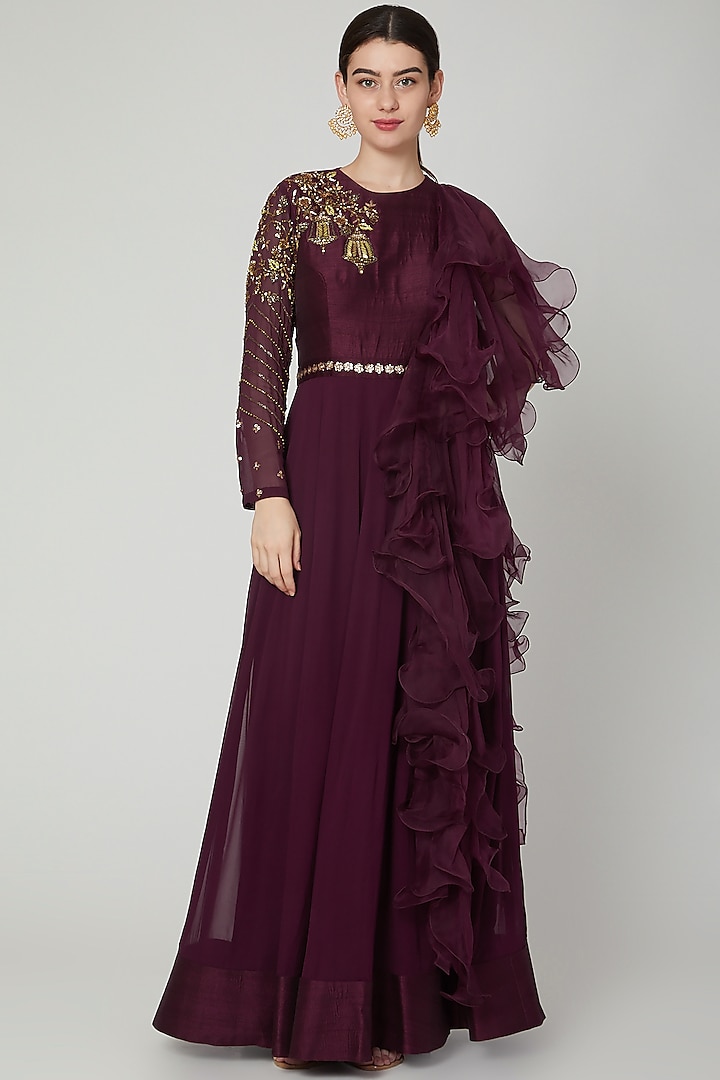 Wine Embroidered Anarkali Gown With Dupatta by Nidhika Shekhar