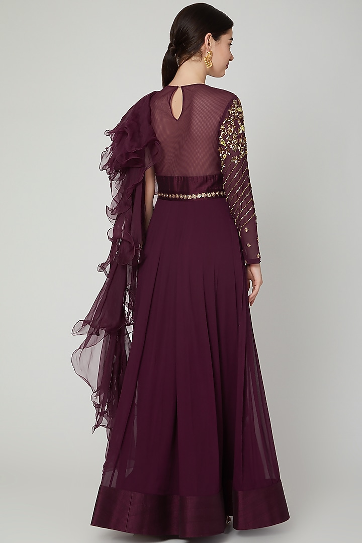 Wine Embroidered Wedding Anarkali Gown With Dupatta by Nidhika Shekhar at Pernia's Pop Up Shop