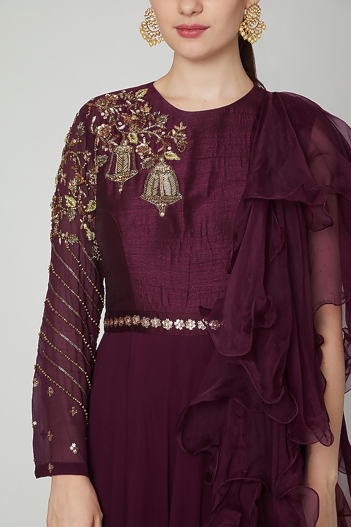 Wine Embroidered Wedding Anarkali Gown With Dupatta by Nidhika Shekhar at Pernia's Pop Up Shop