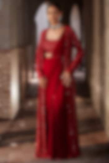Red Georgette Draped Wedding Saree Set by Nidhika Shekhar at Pernia's Pop Up Shop