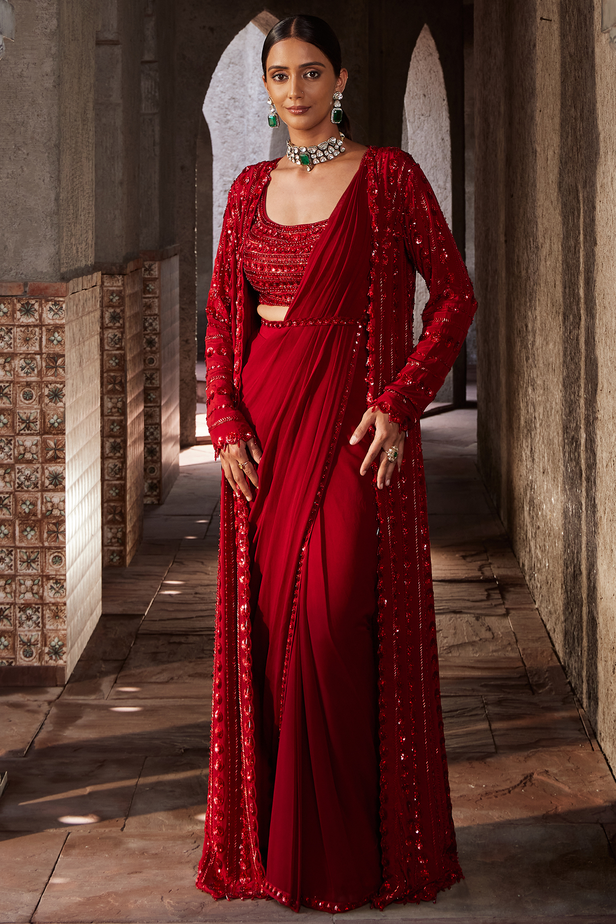 Red Georgette Draped Wedding Saree Set by Nidhika Shekhar at Pernia's Pop Up Shop