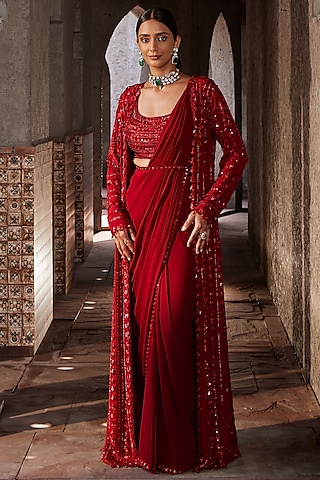Red Georgette Draped Saree Set by Nidhika Shekhar