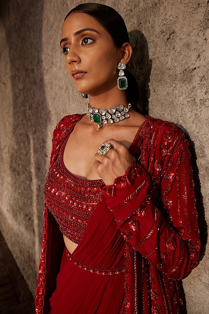 Red Georgette Draped Wedding Saree Set by Nidhika Shekhar at Pernia's Pop Up Shop