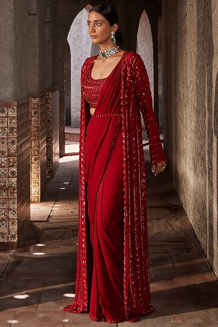 Red Georgette Draped Wedding Saree Set by Nidhika Shekhar at Pernia's Pop Up Shop