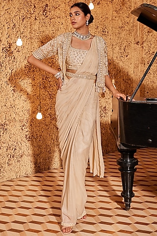 Gold Georgette & Silk Draped Saree Set by Nidhika Shekhar