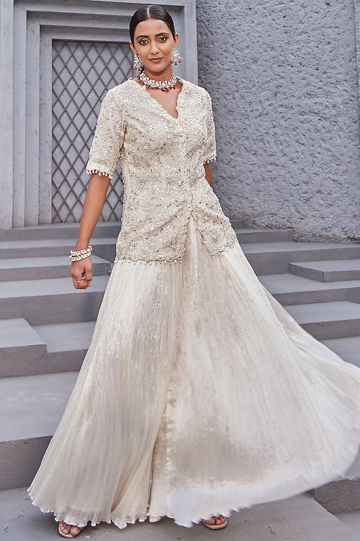 Ivory Crinkle Wedding Sharara Set by Nidhika Shekhar at Pernia's Pop Up Shop