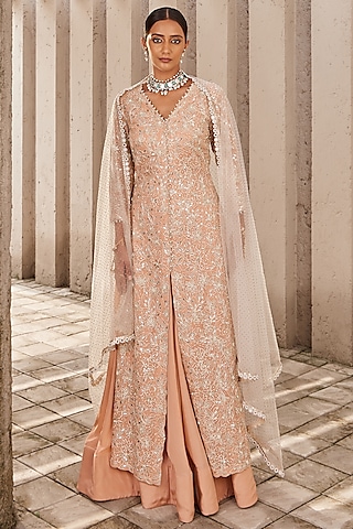 Salmon Pink Georgette & Net Lehenga Set by Nidhika Shekhar