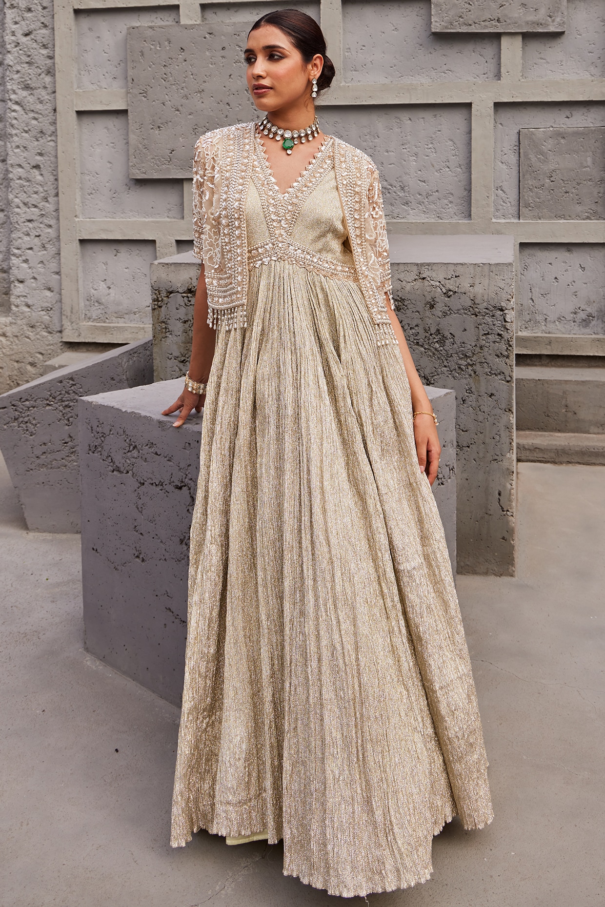 Gray & Gold Designer Embroidered Silk Bridal Anarkali Gown | Saira's  Boutique
