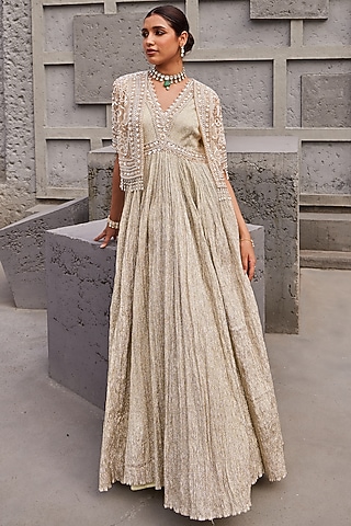 Gold Crush Shimmer Embroidered Anarkali Set by Nidhika Shekhar
