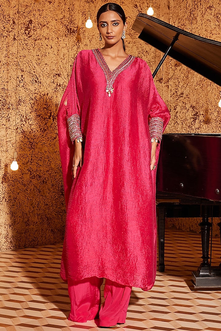 Hot Pink Crinke & Crepe Kaftan Set by Nidhika Shekhar at Pernia's Pop Up Shop