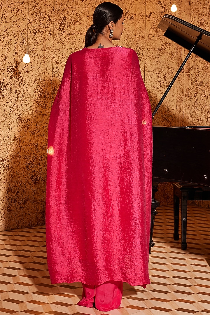 Hot Pink Crinke & Crepe Kaftan Set by Nidhika Shekhar at Pernia's Pop Up Shop
